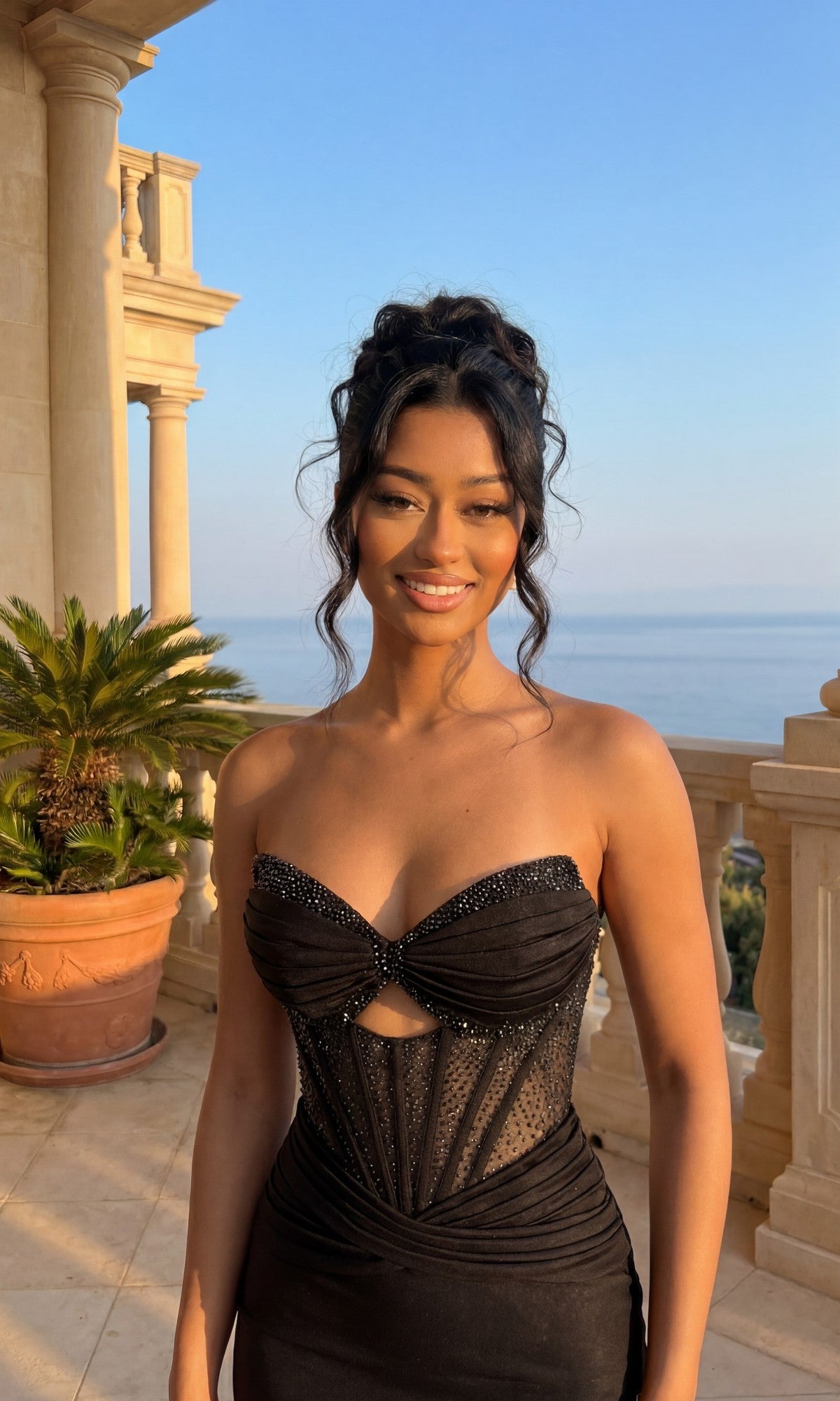 A woman in the Open-Back Mini Hoco Dress: PromGirl Exclusive 250139 stands on a balcony with a potted plant, stone columns, and a sea view in the background.